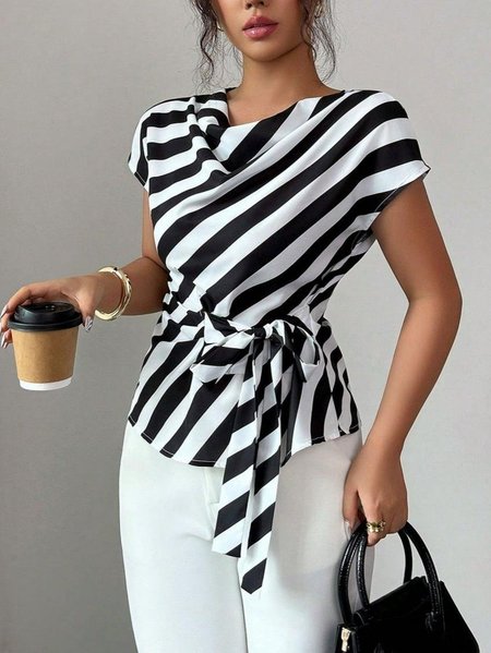 

Urban Striped Printing Lace-up Blouse, Black-white, Blouses and Shirts