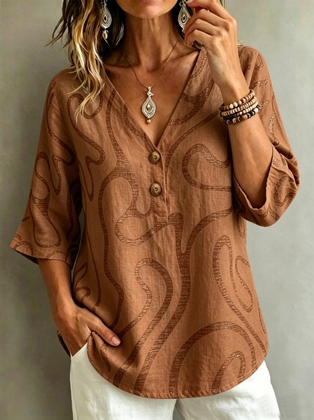 

V Neck Short Sleeve Zebra Regular Loose Blouse For Women, Brown, Blouses