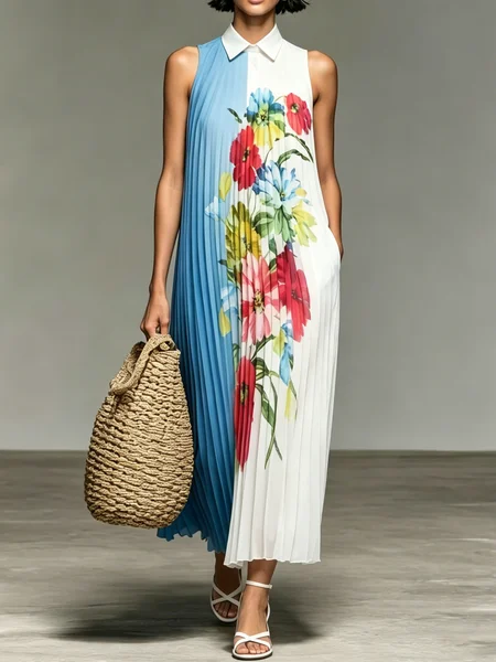 Elegant Floral Shirt Collar Maxi Dress