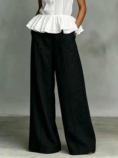 

Cotton And Linen Urban Plain Distressing Wide Leg Pants, Black, Pants
