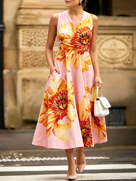 

Elegant Floral Printing V Neck Midi Dress, As picture, Midi Dresses