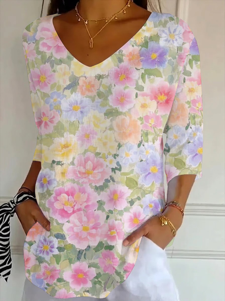 

Casual Floral V Neck Three Quarter Sleeve T-shirt, As picture, T-shirts