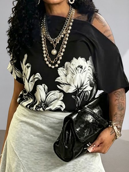 

Casual Floral Printing Cold Shoulder Off Shoulder Sleeve T-shirt, Black, Tees