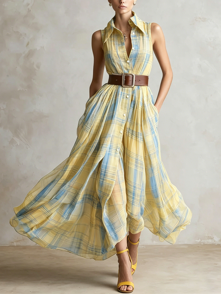 

Urban Plaid Shirt Collar Maxi Dress No Belt, As picture, Maxi Dresses
