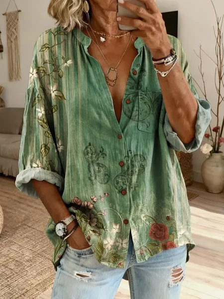 

Women Floral Stand Collar Long Sleeve Shirt Casual Daily Spring/Fall Top, Green, Shirts