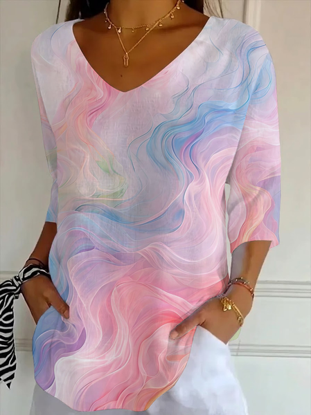 

Casual Abstract V Neck Three Quarter Sleeve T-shirt, As picture, T-shirts