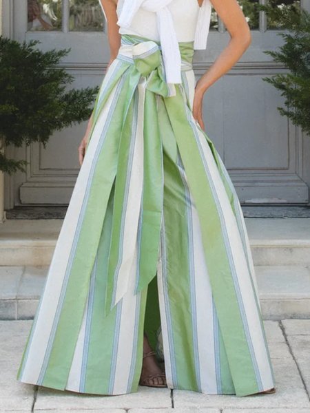 Elegant Printing Striped Maxi Skirt With Belt