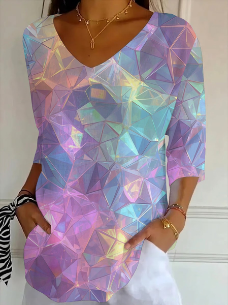 

Women Abstract Three Quarter Sleeve Tee T-shirt V Neck Printing Casual Graphic Tee Spring/Fall Top, As picture, T-Shirts