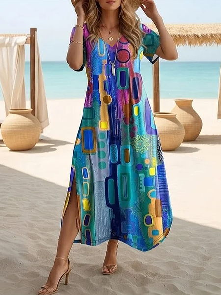 

Women Abstract Summer Printing Dress Crew Neck Short Sleeve T-Shirt Dress H-Line Dress, Blue, Dresses