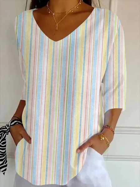 

Casual Striped V Neck Three Quarter Sleeve T-shirt, As picture, T-shirts