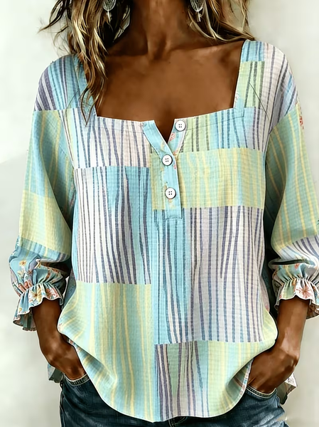 

Women Striped Square Neck Three Quarter Sleeve Blouse Printing Vintage Daily Spring/Fall Top, As picture, Blouses