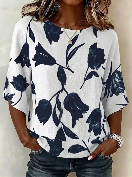 

Women Floral Crew Neck Half Sleeve Blouse Printing Vintage Daily Summer Top, White, Blouses