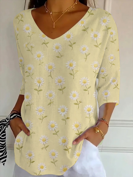 Casual Floral V Neck Three Quarter Sleeve T-shirt