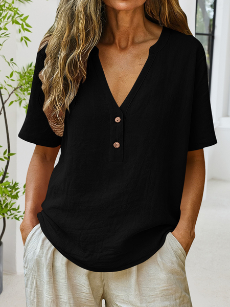 

Women Plain Short Sleeve Tee T-shirt V Neck Split Joint Casual Summer Top, Black, T-Shirts