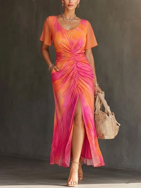 Elegant Tie-Dye Pattern Printing V Neck Maxi Dress