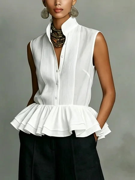 Cotton And Linen Urban Plain Peplum Stand Collar Shirt