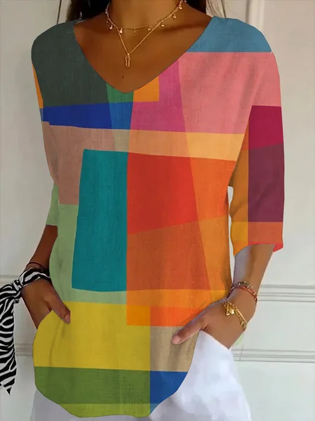 

Casual Abstract V Neck Three Quarter Sleeve T-shirt, As picture, T-shirts