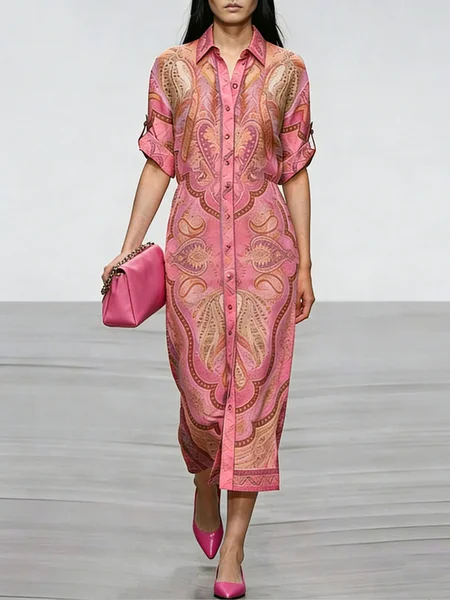 Urban Ethnic Buttoned Shirt Collar Midi Dress