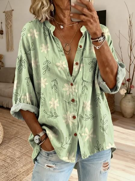 

Stand Collar Long Sleeve Floral Regular Micro-Elasticity Regular Fit Button Up Shirt Shirt For Women, Green, Shirts