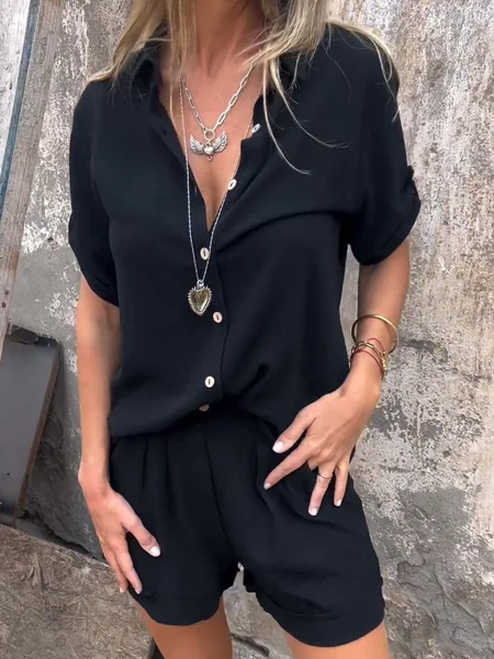 

Women Plain Split Joint Two-Piece Set Daily Half Sleeve Casual Summer Top With Pants Matching Set, Black, Suit Set