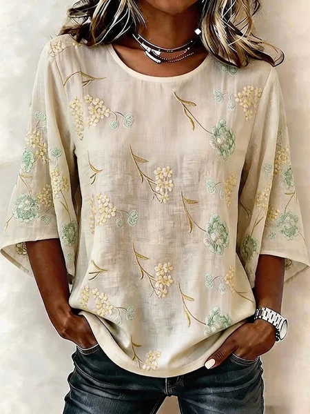 

Crew Neck Half Sleeve Floral Printing Regular Micro-Elasticity Regular Fit Blouse For Women, Apricot, Blouses