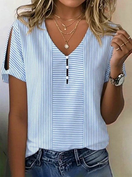 

Elegant Striped V Neck Short Sleeve T-shirt, Blue, T-shirts