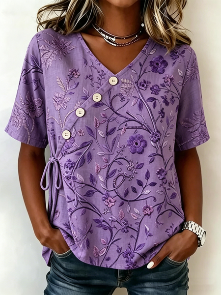 

Crew Neck Half Sleeve Floral Lightweight Loose Shirt For Women, Purple, Shirts
