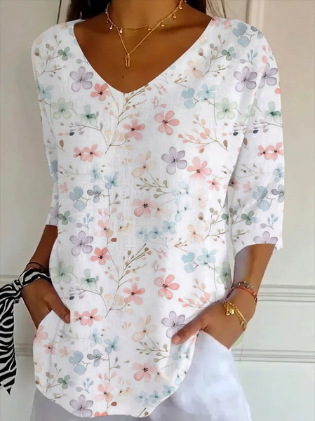 

Women Floral Three Quarter Sleeve Tee T-shirt V Neck Printing Casual Graphic Tee Spring/Fall Top, White, T-Shirts