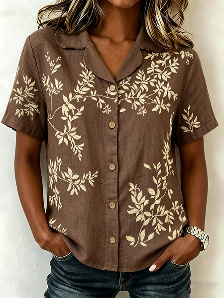 Shawl Collar Short Sleeve Botanical Pattern Lightweight Loose Shirt For Women