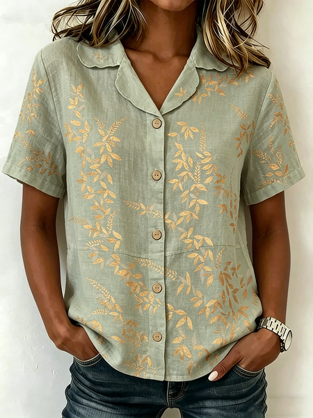 Shawl Collar Short Sleeve Floral Lightweight Loose Shirt For Women