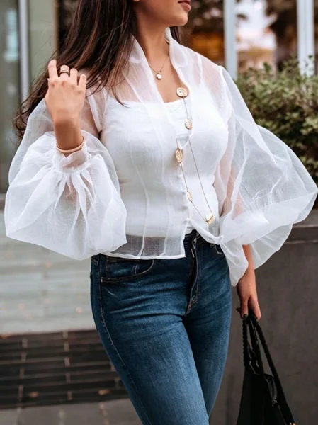 Organza Urban Plain V Neck Balloon Sleeve Shirt