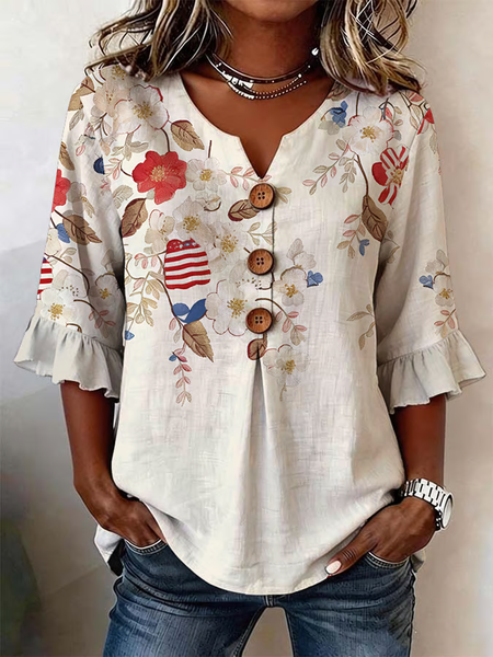 

V Neck Half Sleeve Floral Printing Regular Micro-Elasticity Regular Fit Blouse For Women, Apricot, Blouses