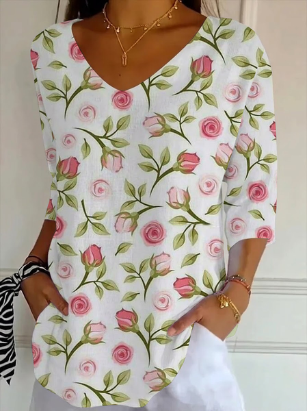 

Women Floral Three Quarter Sleeve Tee T-shirt V Neck Printing Casual Graphic Tee Spring/Fall Top, White, T-Shirts