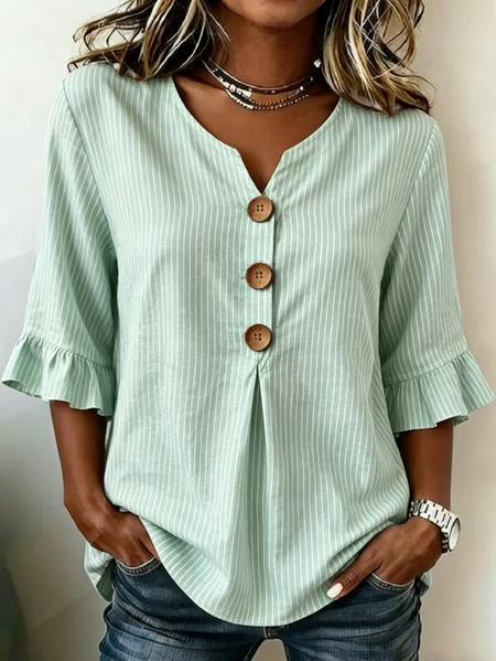 

Women Striped V Neck Half Sleeve Blouse Printing Vintage Daily Summer Top, Green, Blouses