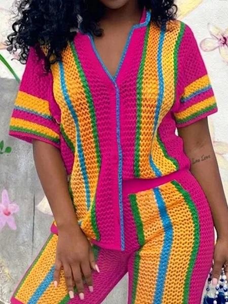 Casual Color Block Buttoned Shawl Collar Knit Top, Pink, Pullovers