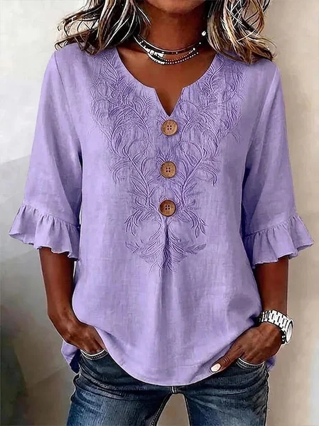 

V Neck Half Sleeve Floral Printing Regular Micro-Elasticity Regular Fit Blouse For Women, Purple, Blouses