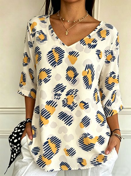 

Casual Floral V Neck Short Sleeve T-shirt, Light yellow, T-shirts