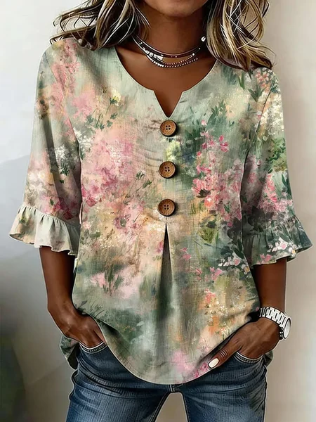 

V Neck Half Sleeve Floral Printing Regular Micro-Elasticity Regular Fit Blouse For Women, As picture, Blouses