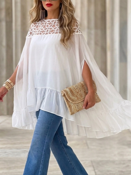 

Elegant Plain Split Joint Lace Blouse, White, Blouses and Shirts