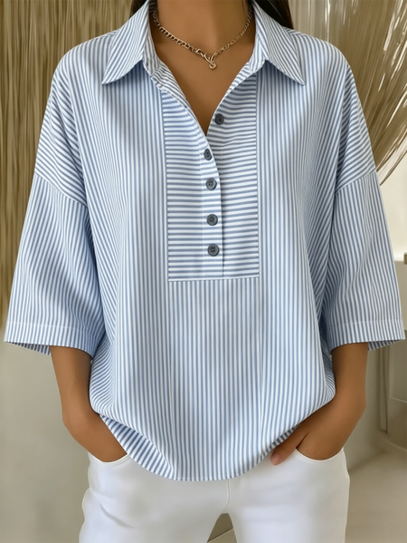 

Crew Neck Half Sleeve Striped Lightweight Loose Shirt For Women, Blue, T-shirts