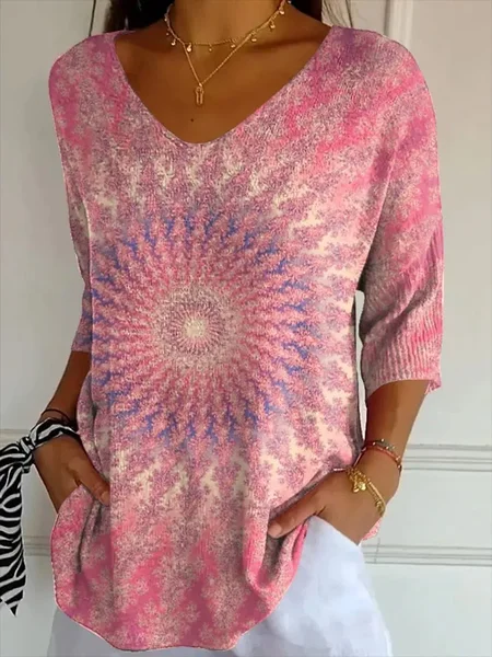 

Casual Abstract V Neck Three Quarter Sleeve T-shirt, Pink, T-shirts