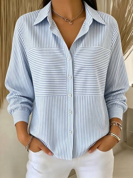 

Shirt Collar Long Sleeve Striped Regular Micro-Elasticity Loose Shirt For Women, Blue, Shirts