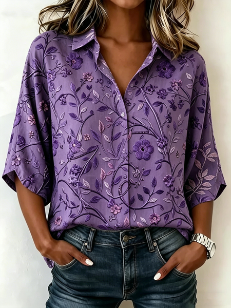 Shawl Collar Half Sleeve Floral Lightweight Loose Blouse For Women