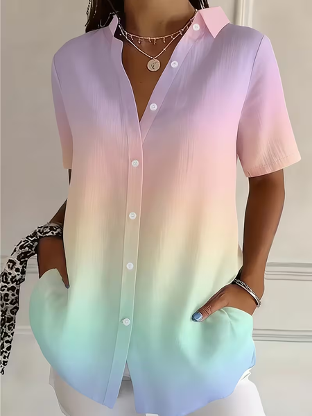 

Women Ombre Shirt Collar Short Sleeve Shirt Printing Casual Daily Summer Top, As picture, Shirts