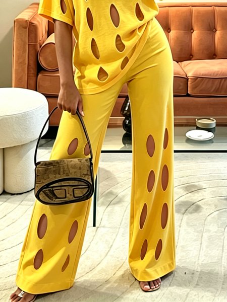 

Casual Plain Hollow Out Wide Leg Pants, Yellow, Pants