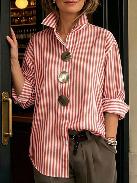 

Stand Collar Long Sleeve Striped Regular Loose Shirt For Women, Red, Shirts
