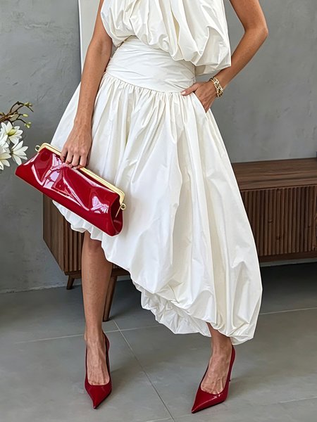 Cotton Elegant Irregular Craftsmanship Plain Midi Skirt