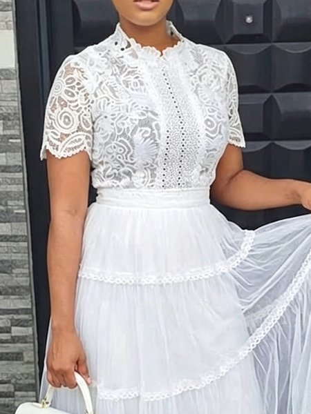 

Elegant Plain Lace Stand Collar Blouse, White, Blouses and Shirts