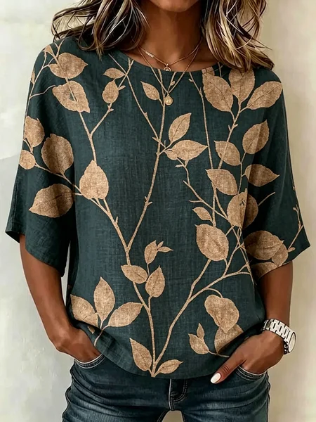 

Crew Neck Half Sleeve Leaf Lightweight Loose Shirt For Women, Darkgreen, Blouses