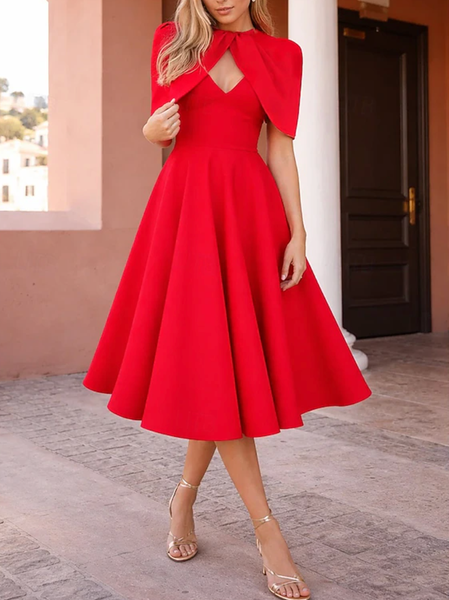 

Elegant Plain Ruched Crew Neck Midi Dress, Red, Cocktail Dresses